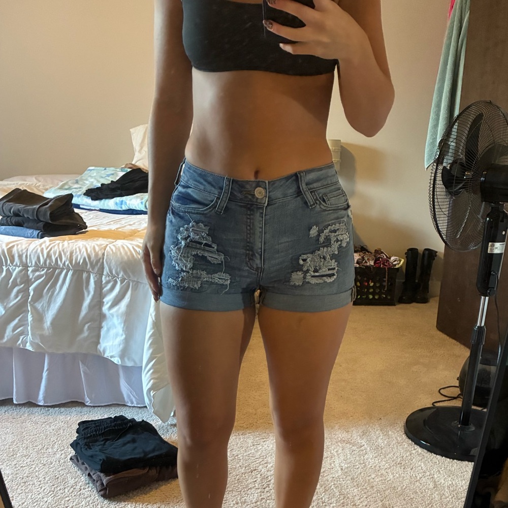 SO High Rise Shortie Women's Blue Distressed Jean Shorts